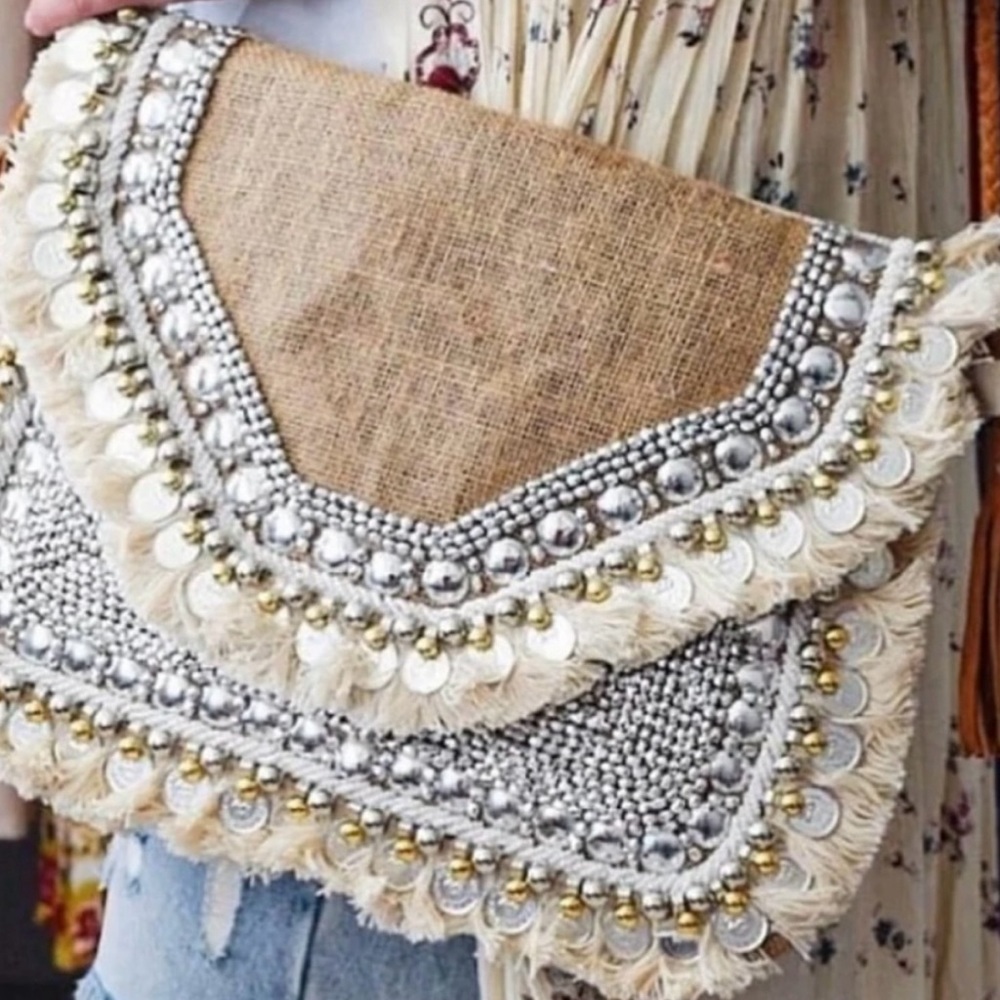 REVOLVE Shashi Leela Coin Clutch, shoulder boho bag in natural beaded burlap